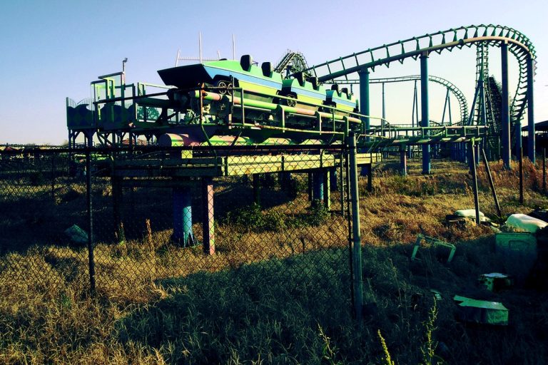 Abandoned amusement park roller coaster structure used for responsible urbex research planning