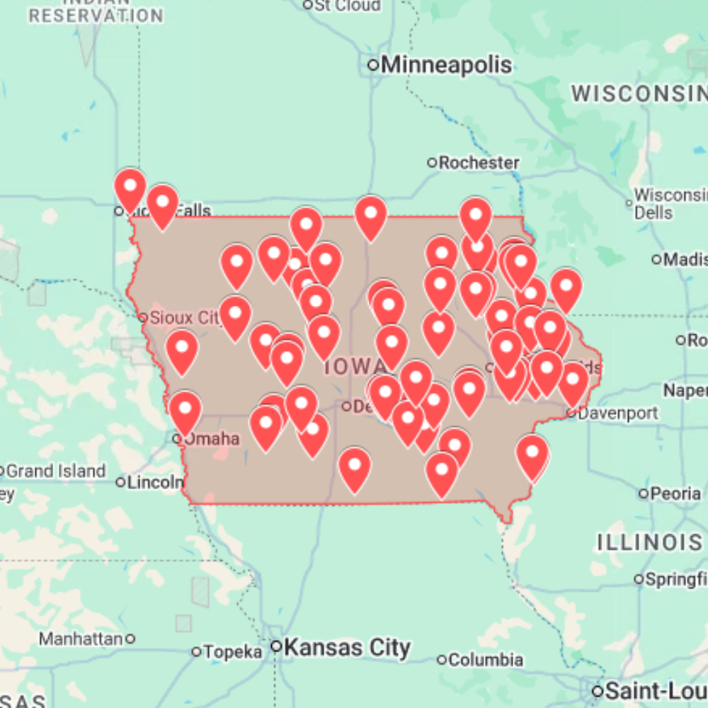 Iowa urbex map with abandoned places pins